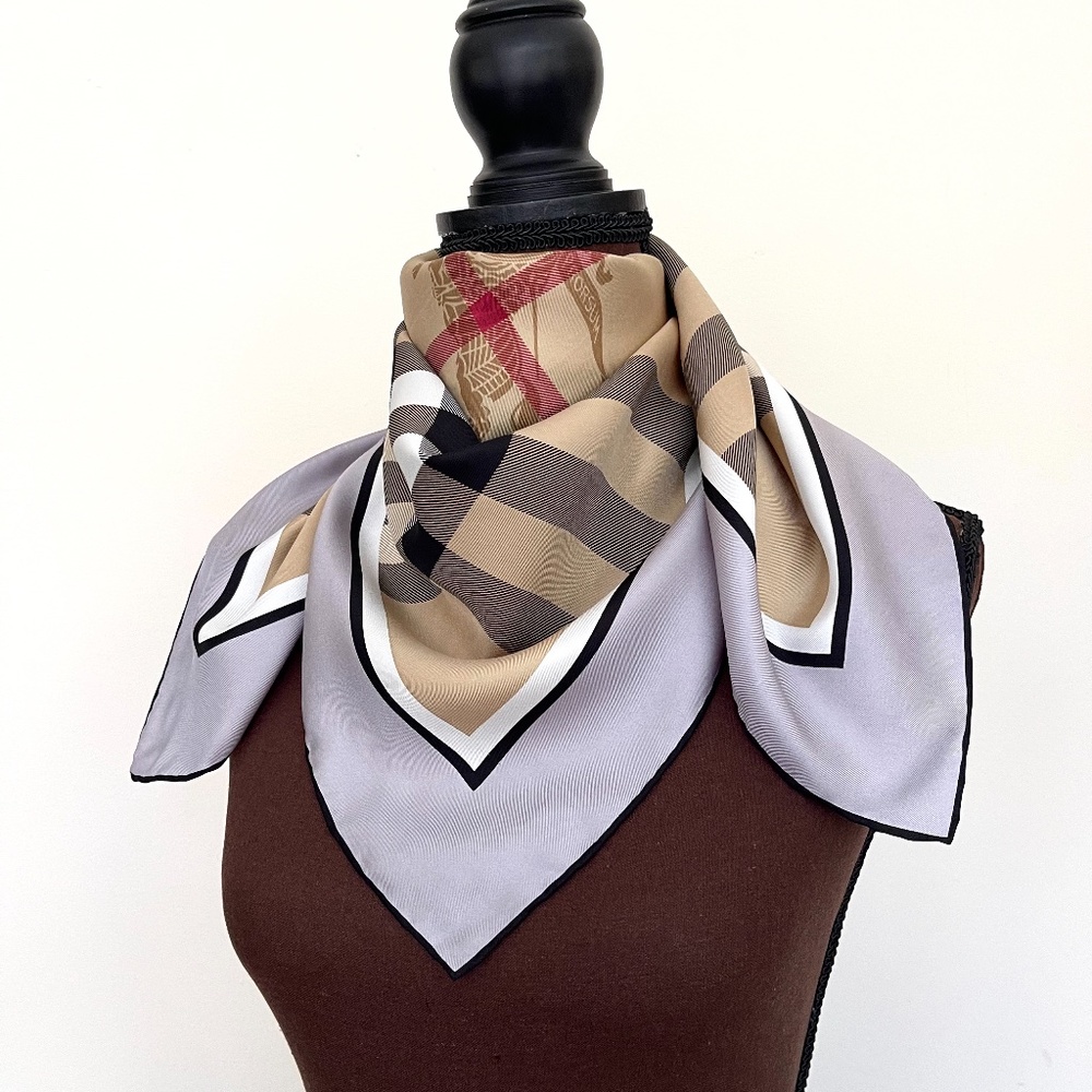 New Burberry Scarf Beige Check Gray Border Silk Wrap - Picture 11 of 15